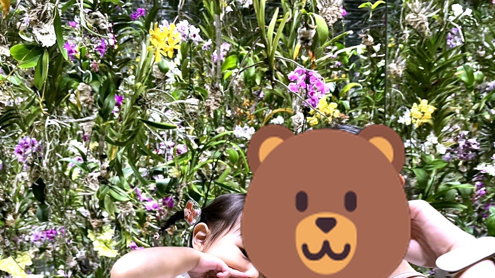 満開の花を背景にポーズをとる親子